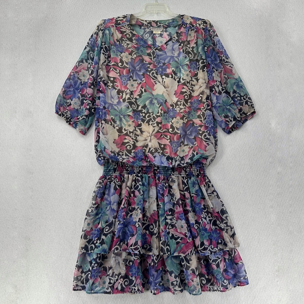 Vtg Sharon Anthony Dress 18W Drop Waist Floral Chiffon Shoulder Pad 80s 90s‎